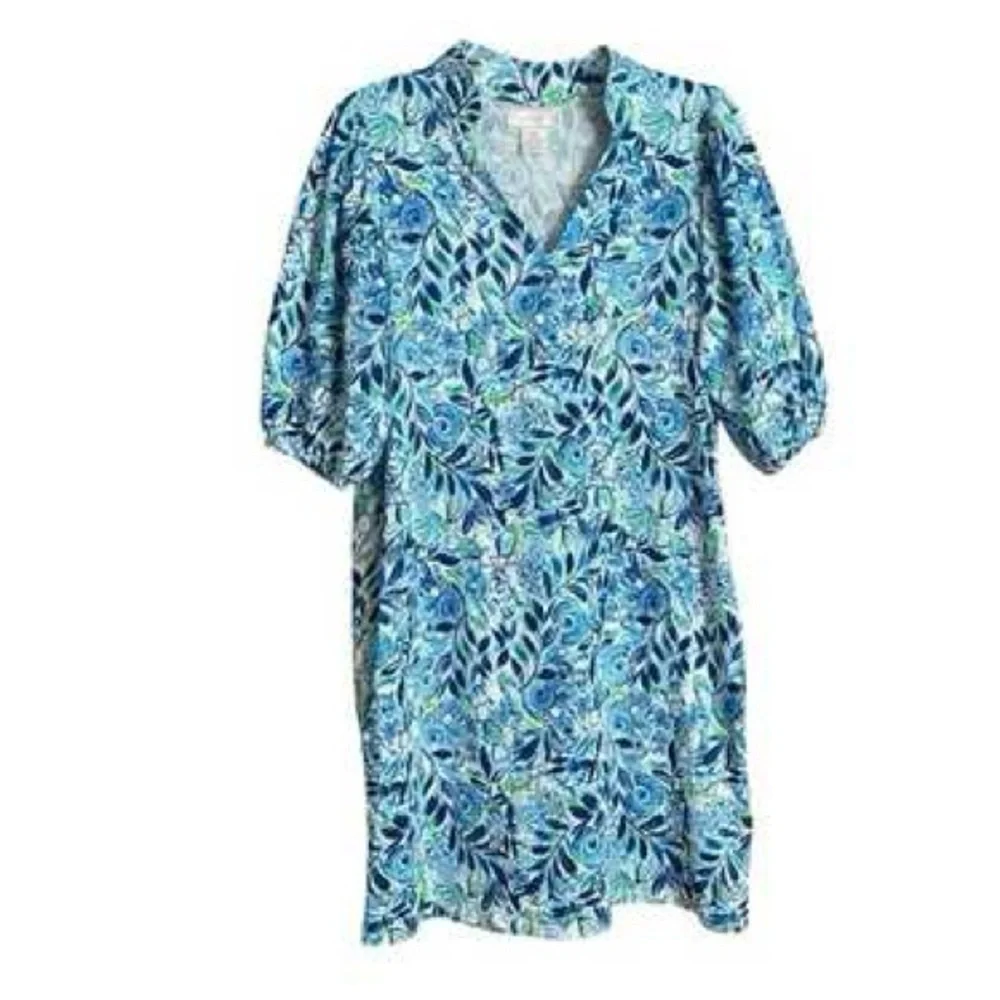 NWT Stella Parker Size Medium Puff Sleeve Floral Blue and Green‎ Women's Dress